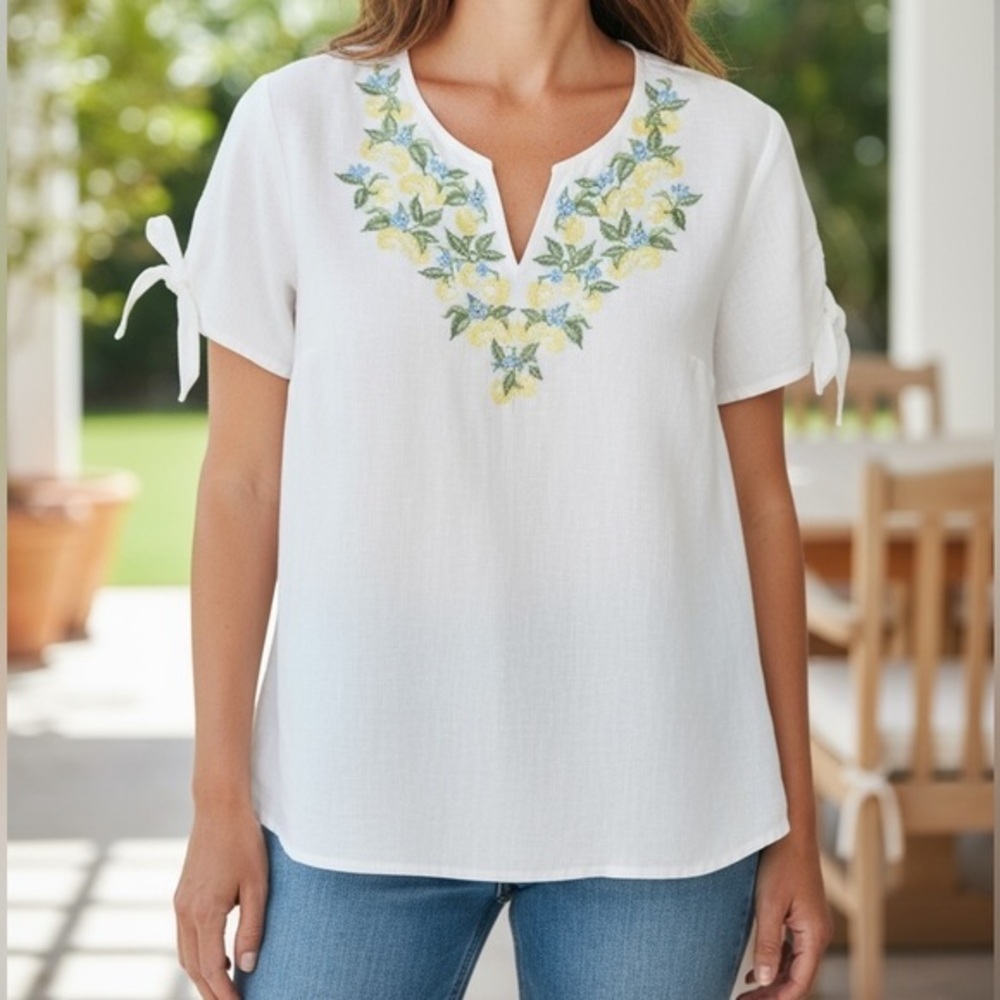 TALBOTS EMBROIDERED LEMON COTTON LINEN BLEND SIZE SMALL - Picture 1 of 8